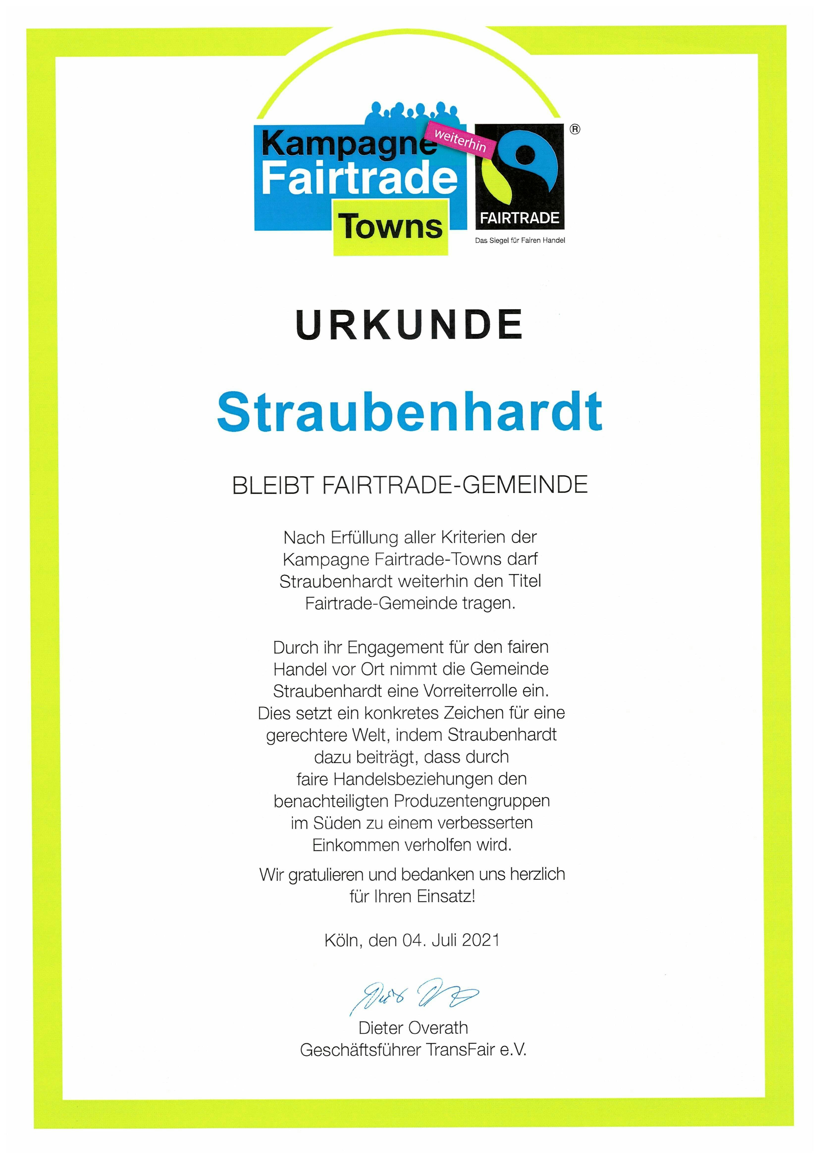 Urkunde Fairtrade Gemeinde Straubenhardt